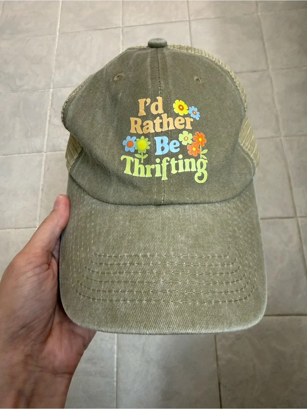 Source Unknown Olive Green 'I'd Rather Be Thrifting' Floral Cap
